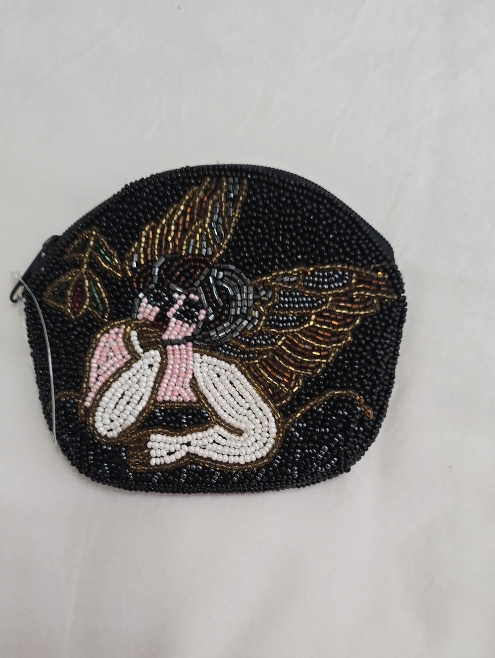 Lee Sands Vintage Black Beaded Angel Motif‎ Cosmetic/coin  Bag